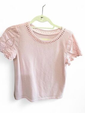 Delicate Light Pink Knit Top with Eyelet Lace Sleeves